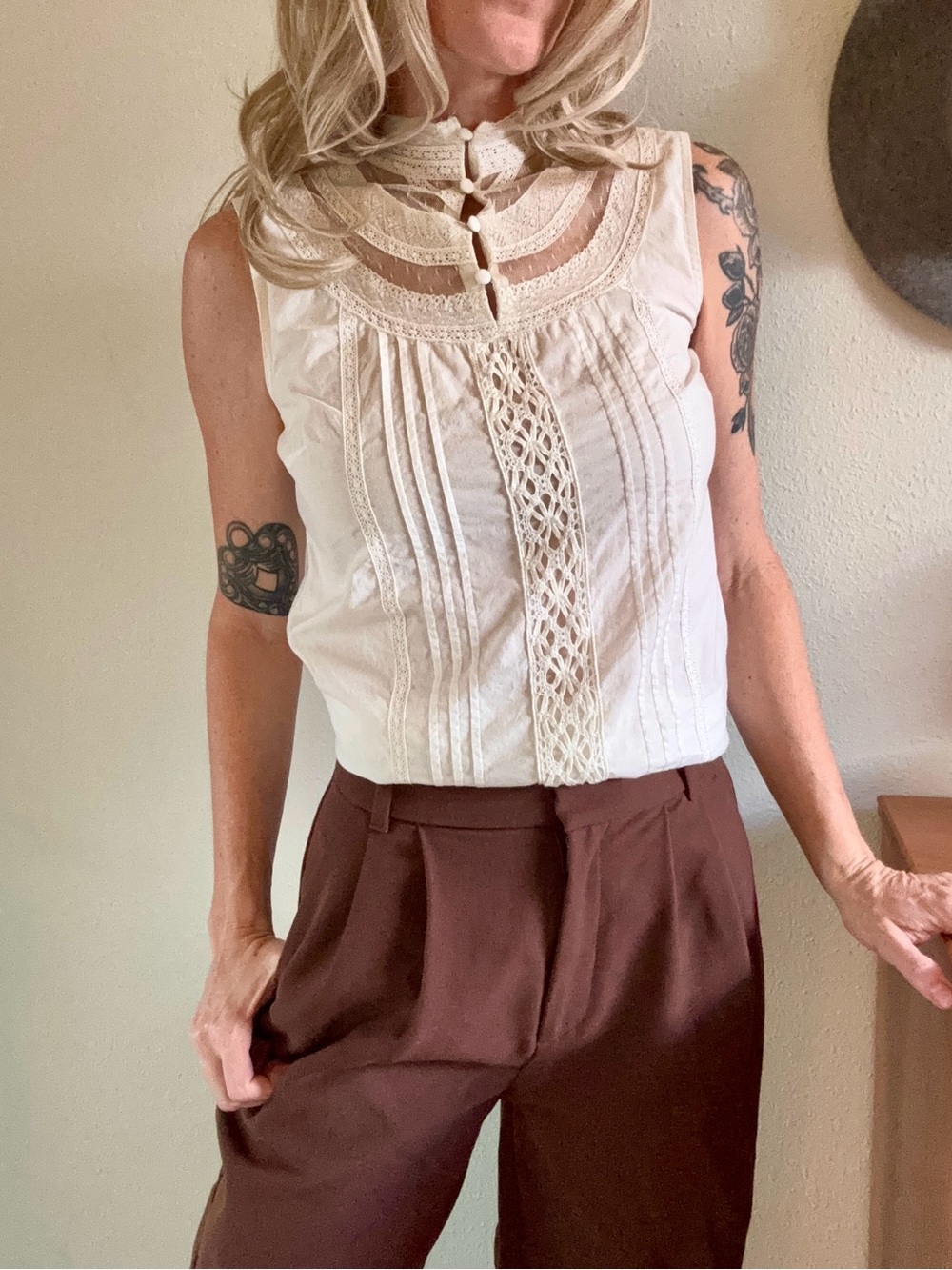 Cream Lace Top High Neck Victorian Cottage Feminine Romantic Buttons Small